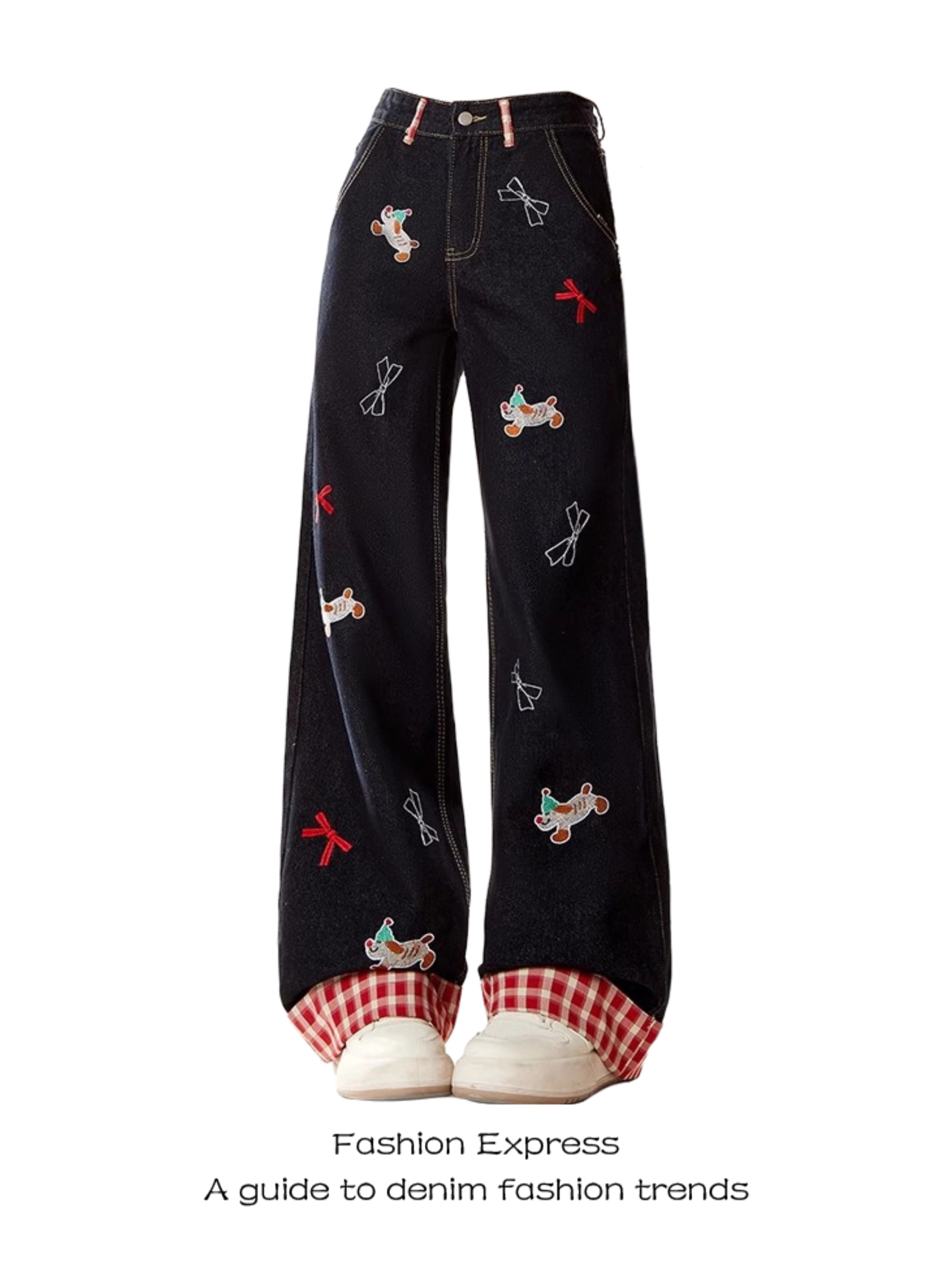 Patchwork Sausage Dog Jeans for Women - Cartoon Design, Wide-Leg Straight Slim Long Pants, American Style, Trendy Spring Fashion