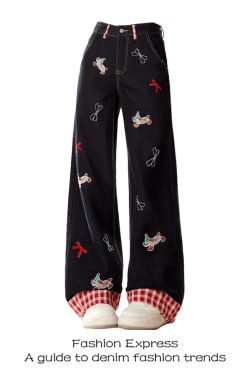 Patchwork Sausage Dog Jeans for Women - Cartoon Design, Wide-Leg Straight Slim Long Pants, American Style, Trendy Spring Fashion