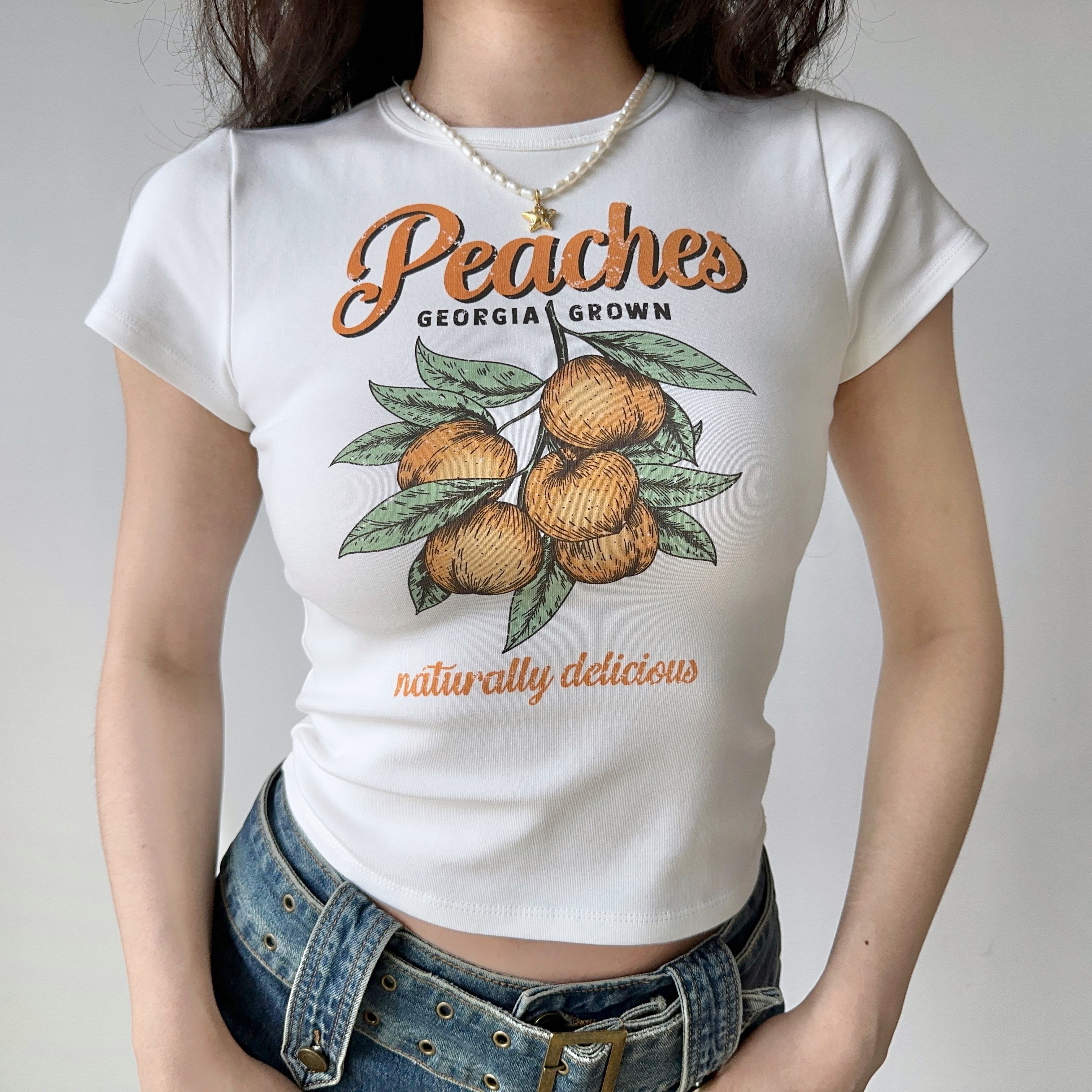 Peach Print White Short Sleeve T-shirt for Women - Summer Slim Fit European American Style Top