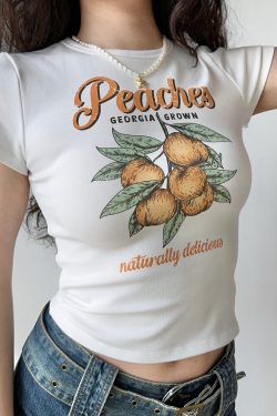 Peach Print White Shoulder T-shirt for Women - Summer Slim Fit Short Sleeve Top in European American Style, Perfect for Y2K Fashion