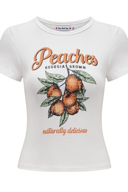 Peach Print White Shoulder T-shirt for Women - Summer Slim Fit Short Sleeve Top in European American Style, Perfect for Y2K Fashion