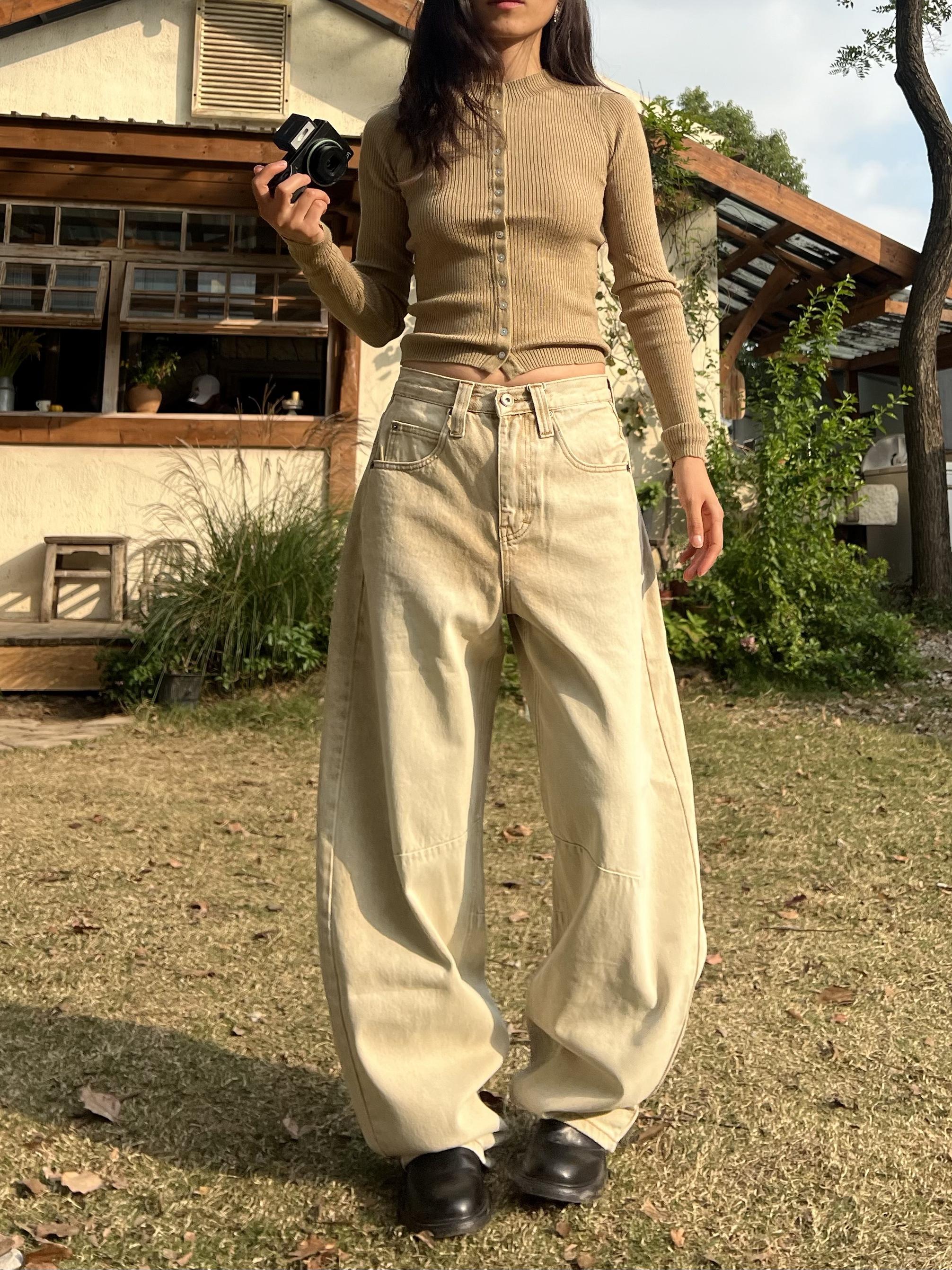 Petite High-Waisted Loose Slim Long Pants in Dirty Beige - Trendy Y2K Style for Women