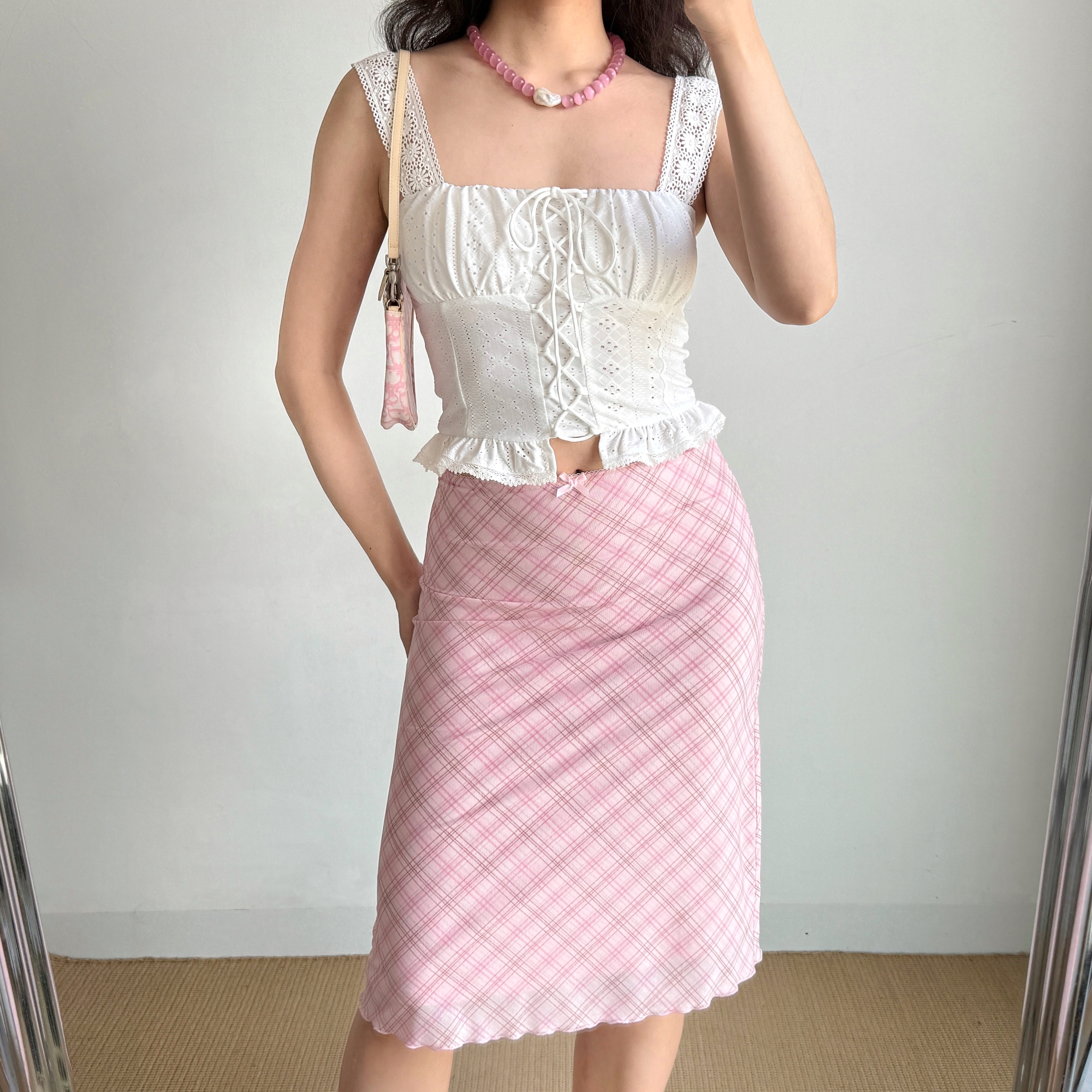 Pink Plaid DIY Skirt for Women - Elastic Waist Mesh Half Skirt, Summer Fashion, European American Style, Trendy 90s Look