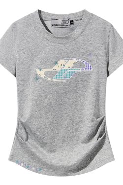 Playful Patchwork Floral Embroidered Loose Short-Sleeve T-Shirt - Energetic National Trend Couple Style, Perfect for Y2K Fashion