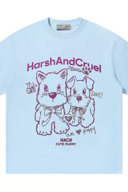Playful Puppy Hand-Drawn Loose-Fitting Short Sleeve T-Shirt for Couples, Unisex, National Trend, Casual Streetwear