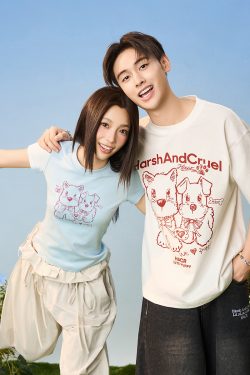 Playful Puppy Hand-Drawn Loose-Fitting Short Sleeve T-Shirt for Couples, Unisex, National Trend, Casual Streetwear