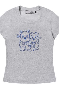 Playful Puppy Hand-Drawn Loose-Fitting Short Sleeve T-Shirt for Couples, Unisex, National Trend, Casual Streetwear