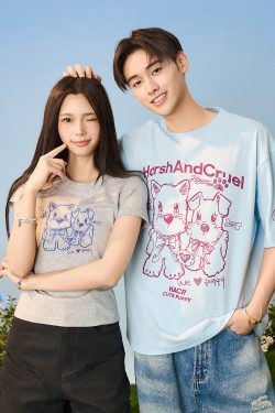 Playful Puppy Hand-Drawn Loose-Fitting Short Sleeve T-Shirt for Couples, Unisex, National Trend, Casual Streetwear