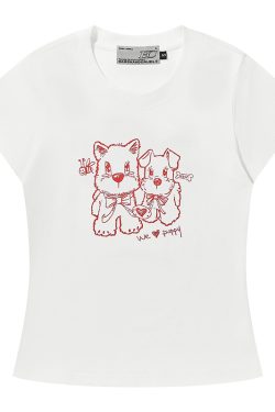 Playful Puppy Hand-Drawn Loose-Fitting Short Sleeve T-Shirt for Couples, Unisex, National Trend, Casual Streetwear
