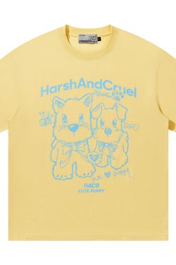 Playful Puppy Hand-Drawn Loose-Fitting Short Sleeve T-Shirt for Couples, Unisex, National Trend, Casual Streetwear