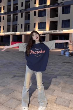 Plus Size American Retro Color-Blocking Raglan Short Sleeve T-Shirt for Women - Trendy Loose Fit Cotton Top