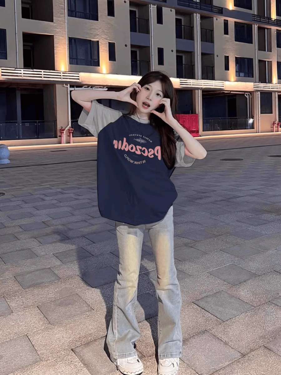 Plus Size American Retro Color-Blocking Raglan Short Sleeve T-Shirt for Women - Trendy Loose Fit Cotton Top