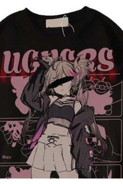 Plus Size American Retro Streetwear Anime Girl Short Sleeve T-Shirt for Men - Casual Loose Fit Cotton Couple Top