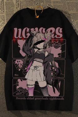 Plus Size American Retro Streetwear Anime Girl Short Sleeve T-Shirt for Men - Casual Loose Fit Cotton Couple Top