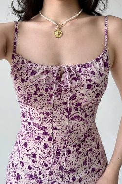 Purple Floral Spaghetti Strap Dress for Women - Sexy A-Line Short Skirt, Summer Waist-Cinched Style, European American Fashion