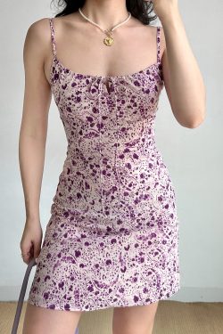 Purple Floral Spaghetti Strap Dress for Women - Sexy A-Line Short Skirt, Summer Waist-Cinched Style, European American Fashion