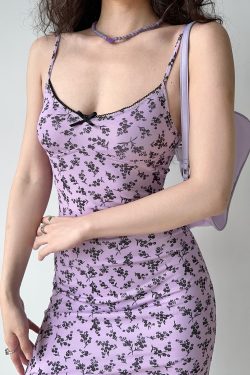 Purple Floral Spaghetti Strap Dress for Women - Summer Slim Fit Backless Dress in European & American Style, Trendy Y2K Fashion