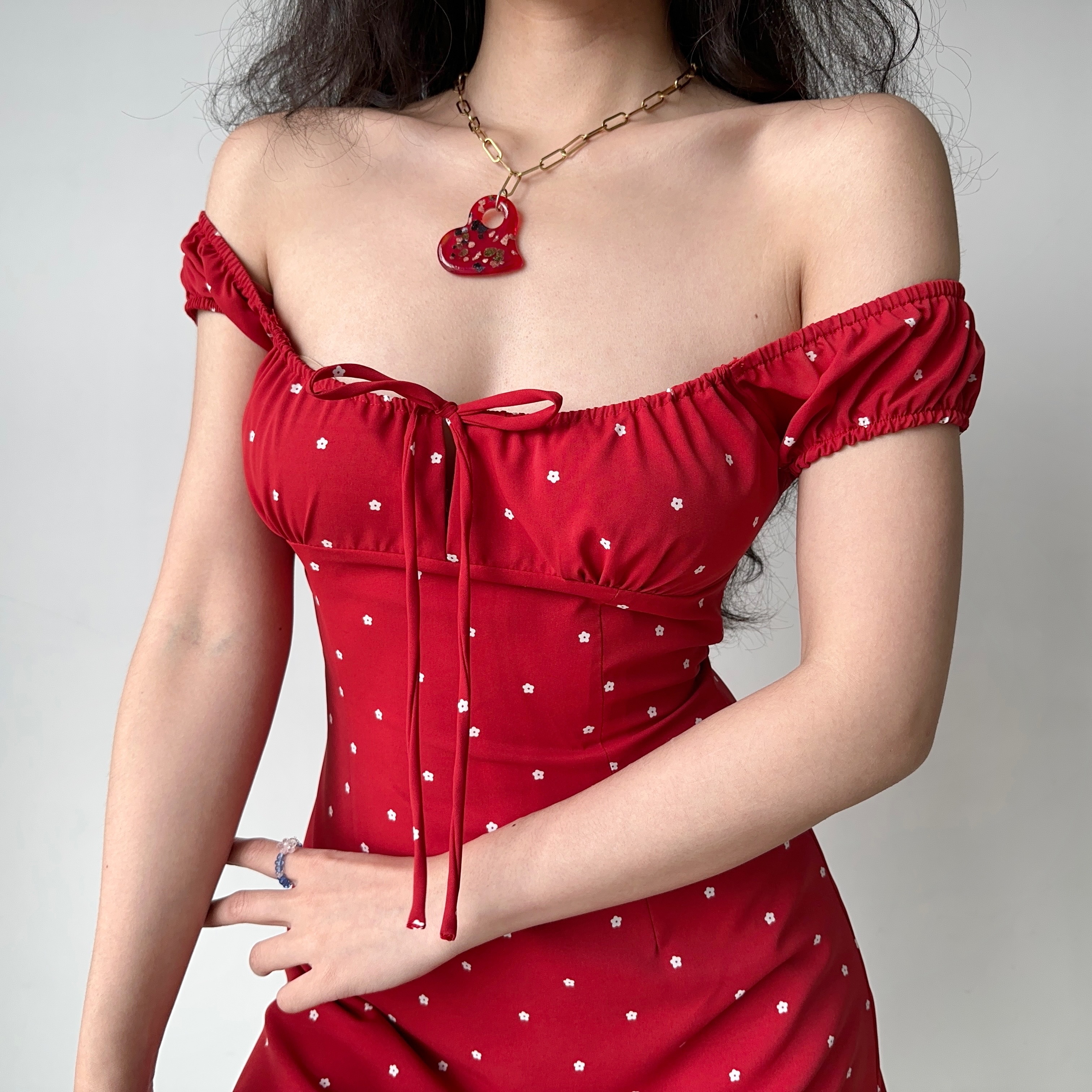 Red Floral Polka Dot Front Tie A-Line Dress - Slim Fit Short Skirt for Hot Girl Style, Inspired by European and American Fashion
