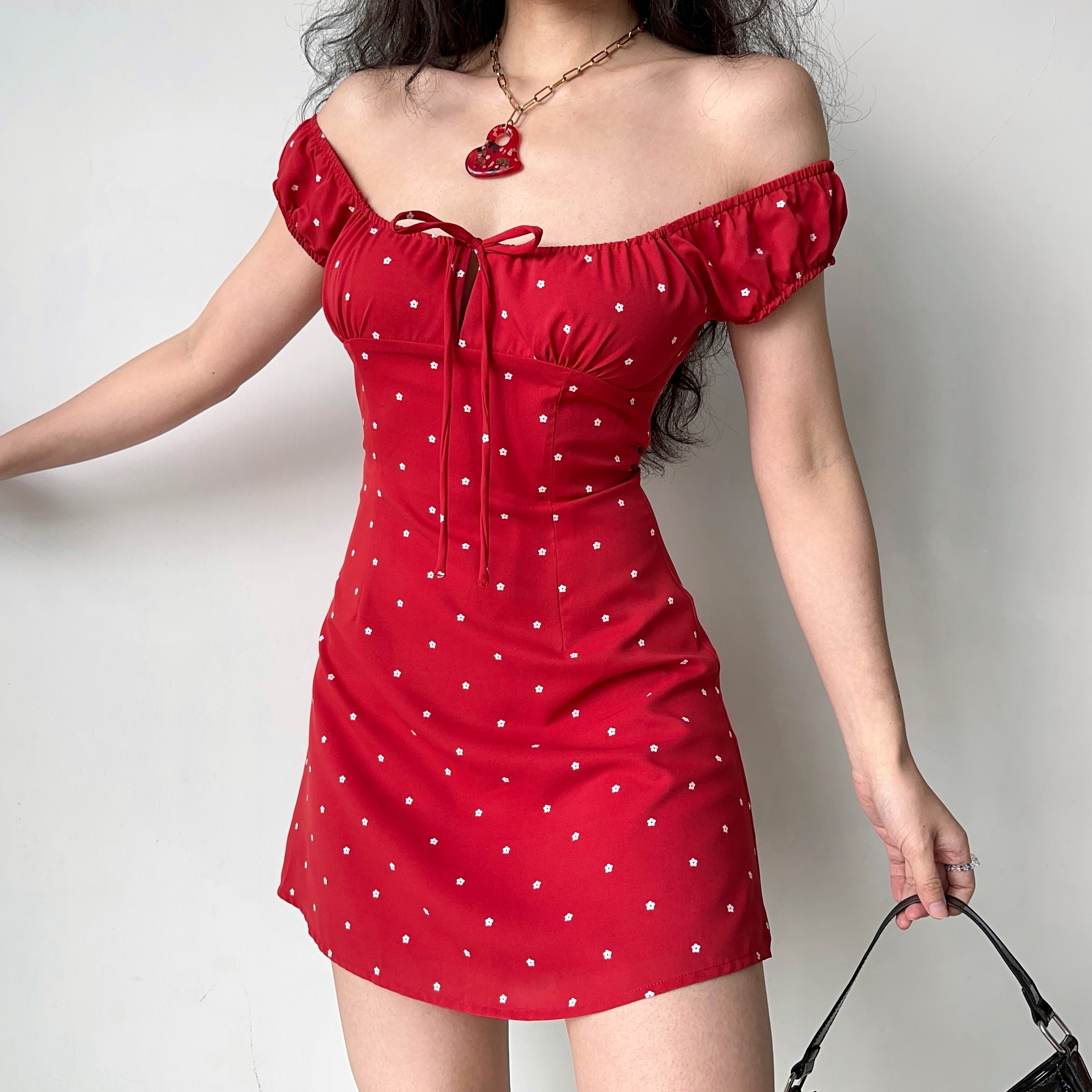 Red Floral Polka Dot Front Tie A-Line Dress - Slim Fit Short Skirt for Hot Girl Style, Inspired by European and American Fashion
