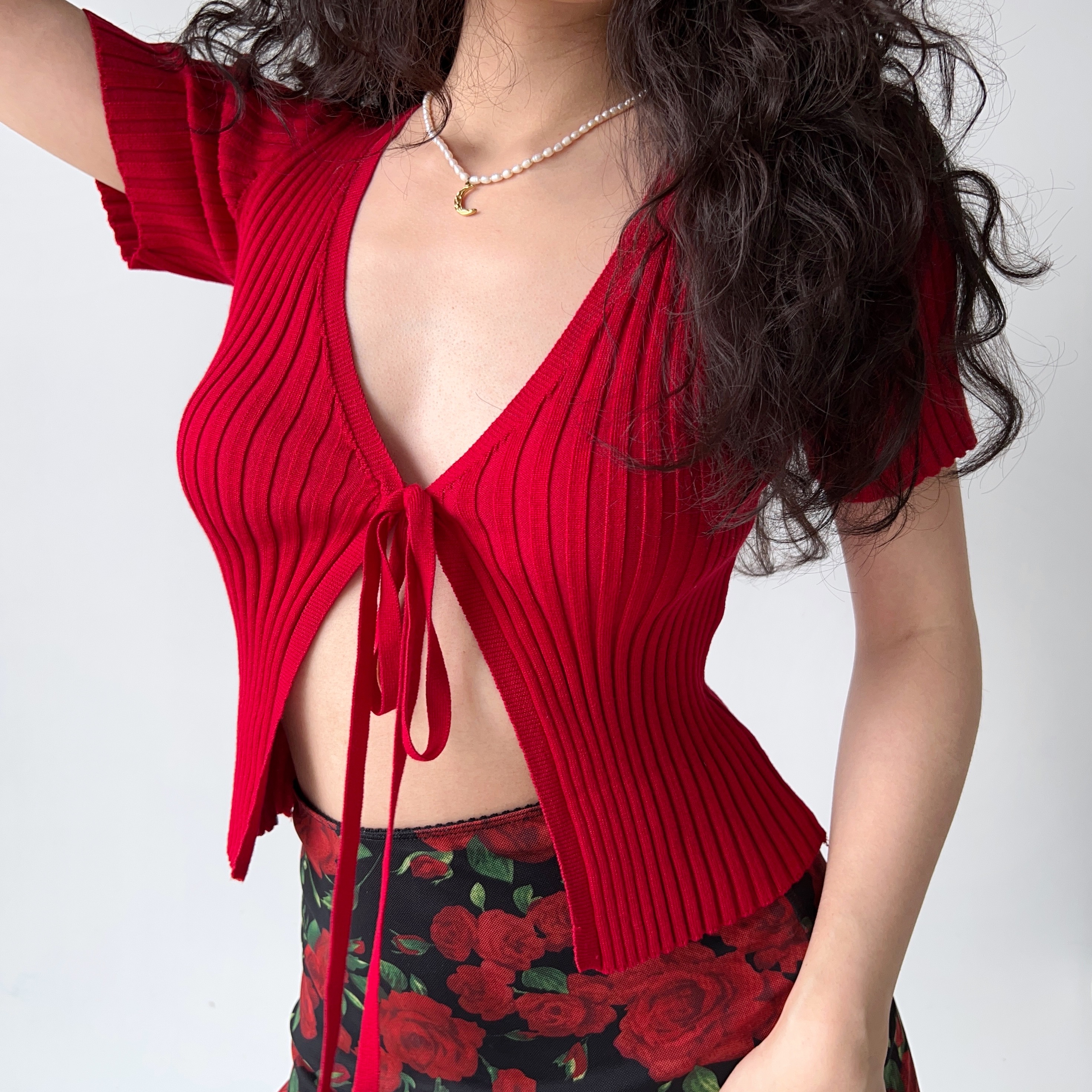 Red Knitted Cardigan for Women - Simple V-Neck, Short Sleeve, Tied Design - European and American Style, Perfect for Y2K Fashion