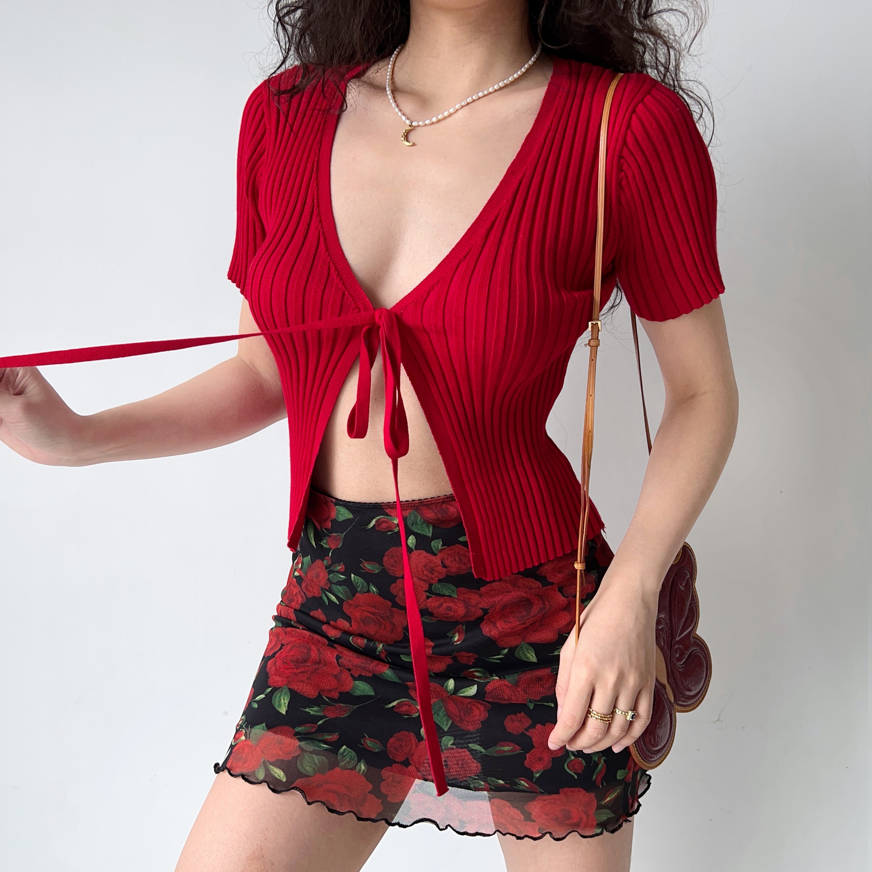 Red Knitted Cardigan for Women - Simple V-Neck, Short Sleeve, Tied Design - European and American Style, Perfect for Y2K Fashion