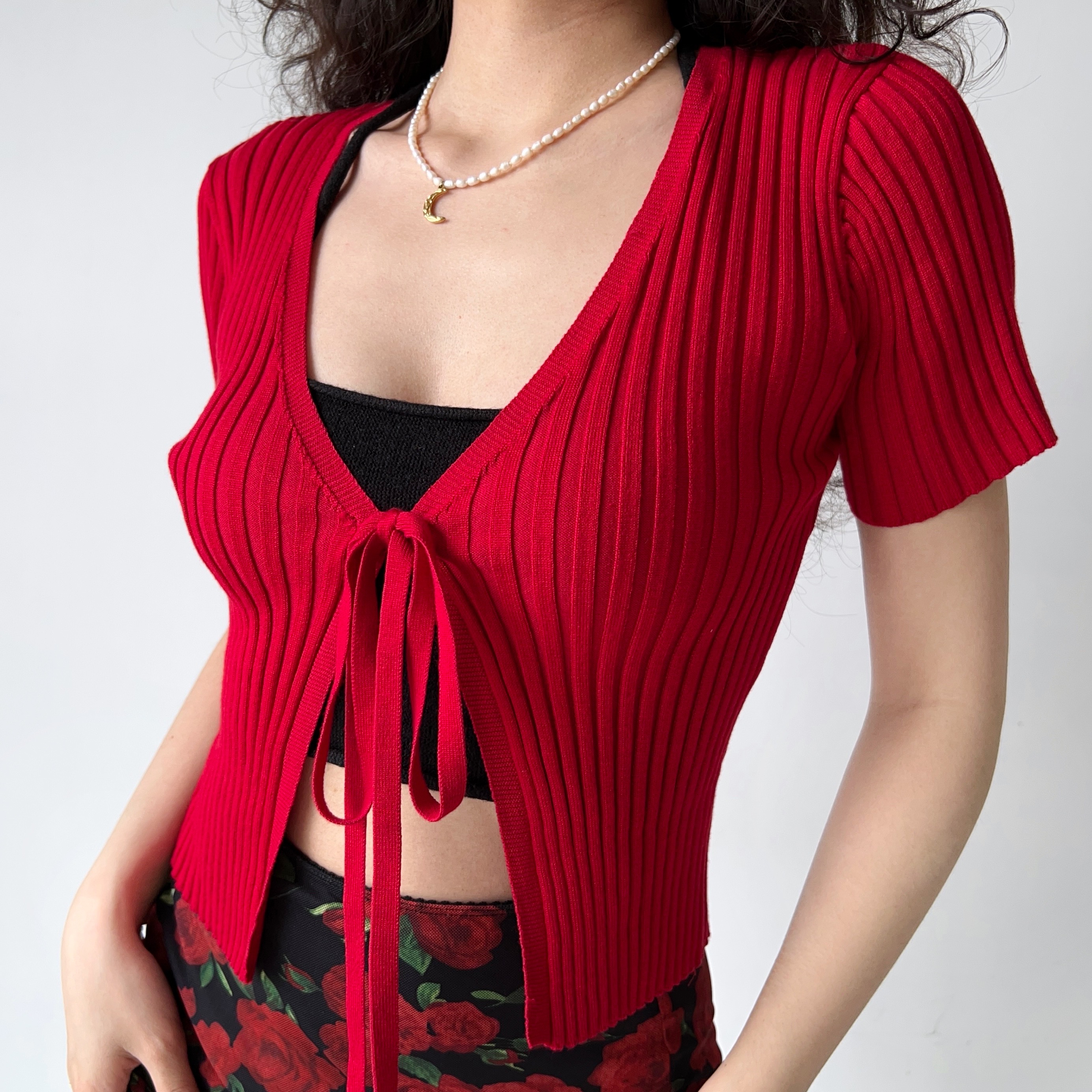 Red Knitted Cardigan for Women - Simple V-Neck, Short Sleeve, Tied Design - European and American Style, Perfect for Y2K Fashion