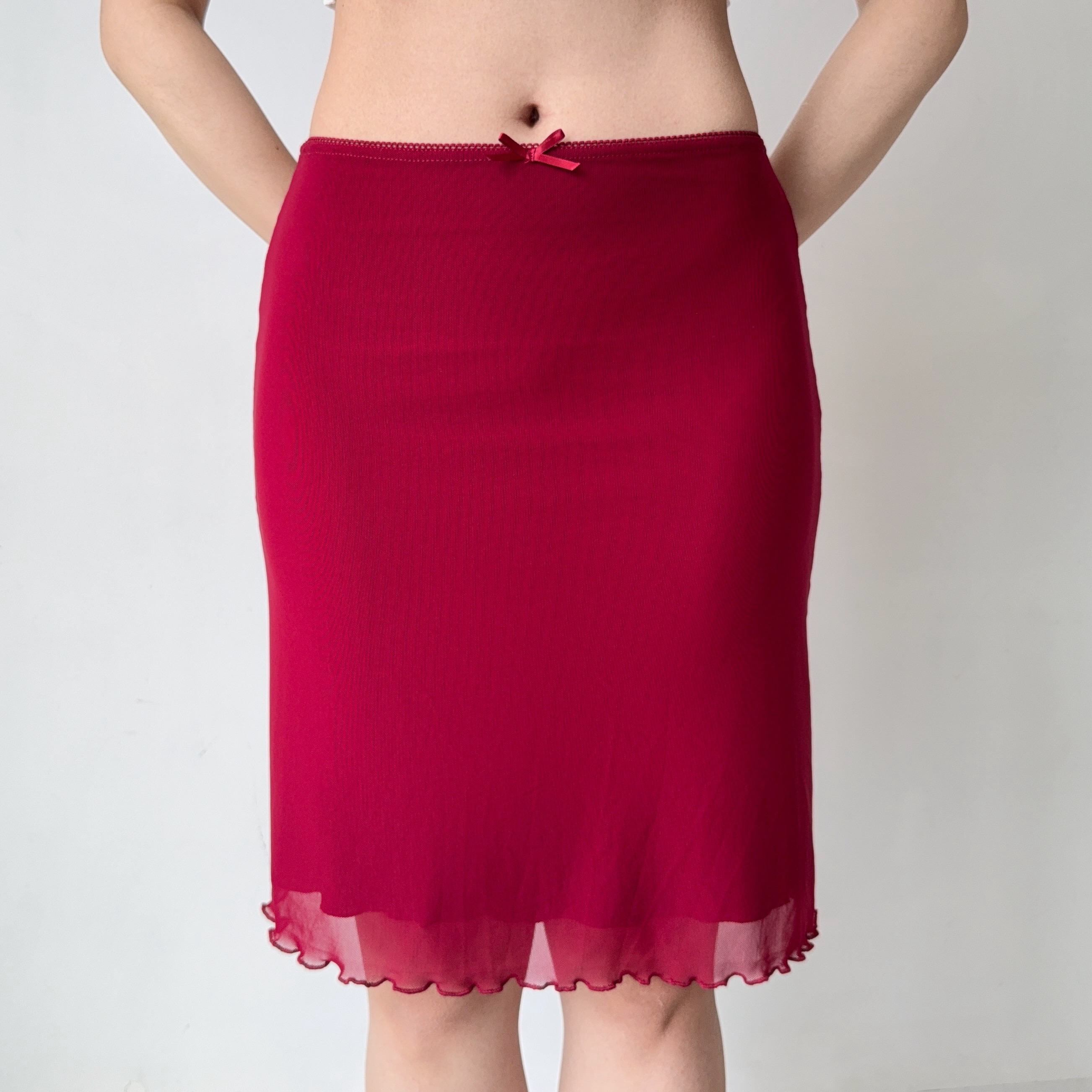 Red Mesh Half Skirt Summer Dress with Drape Detail - Self-Made European & American Style Bodycon Fashion