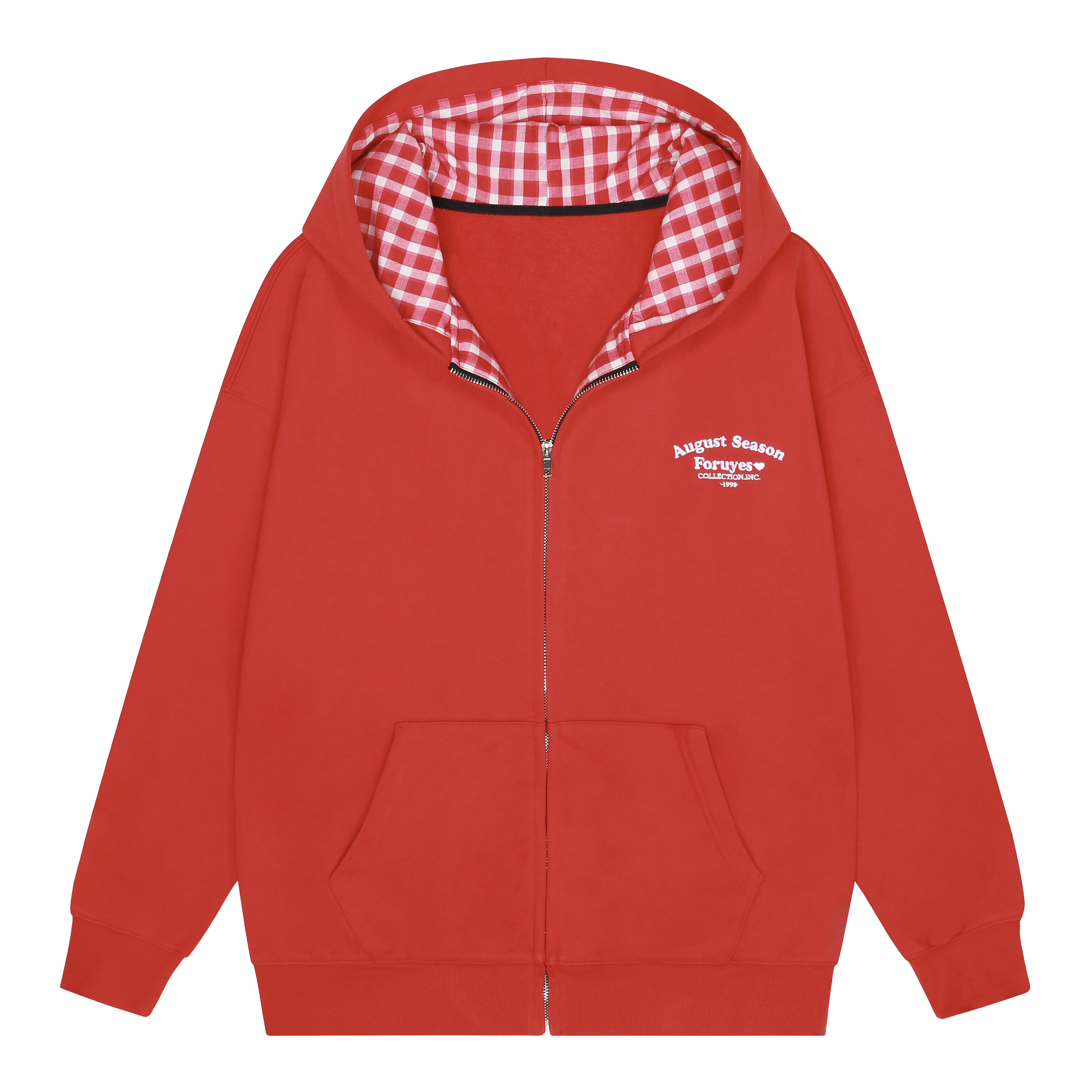Red Plaid Spliced Slogan Loose Fleece Zipper Hoodie Jacket for Autumn Winter Y2K Style