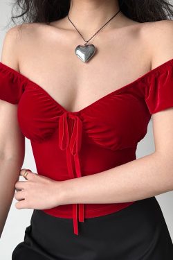 Red Velvet V-Neck Short Sleeve T-Shirt for Women with Puff Sleeves - Slim Fit Sexy Top in European American Style