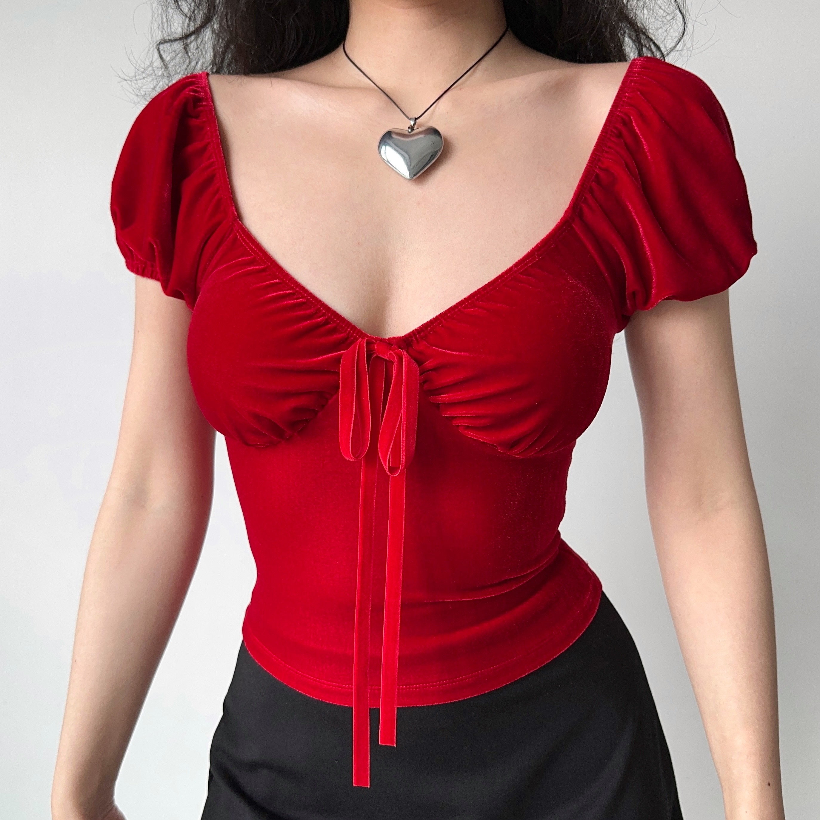 Red Velvet V-Neck Short Sleeve T-Shirt for Women with Puff Sleeves - Slim Fit Sexy Top in European American Style