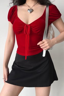 Red Velvet V-Neck Short Sleeve T-Shirt for Women with Puff Sleeves - Slim Fit Sexy Top in European American Style