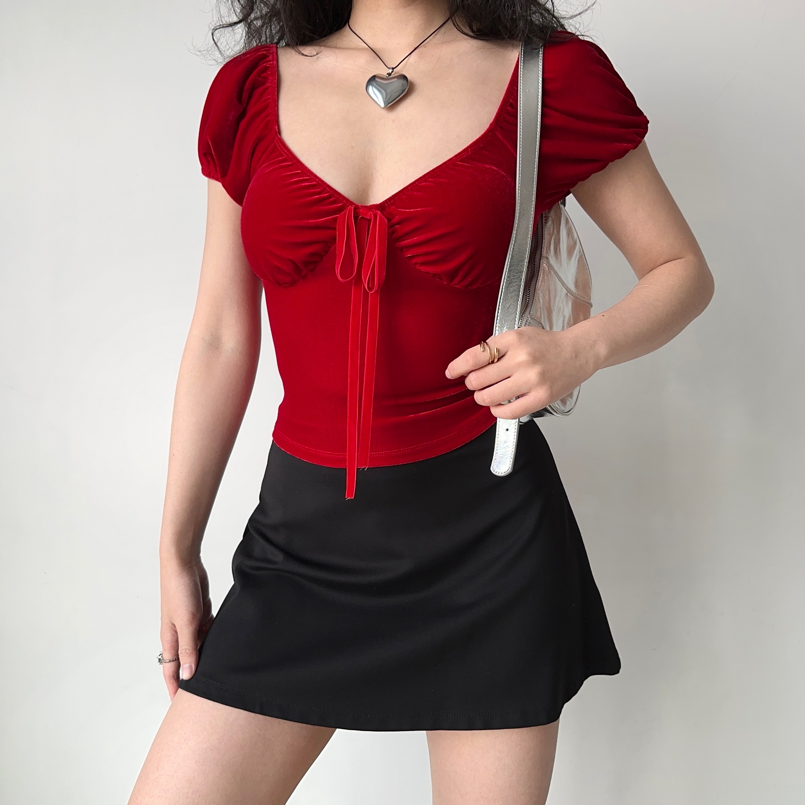 Red Velvet V-Neck Short Sleeve T-Shirt for Women with Puff Sleeves - Slim Fit Sexy Top in European American Style