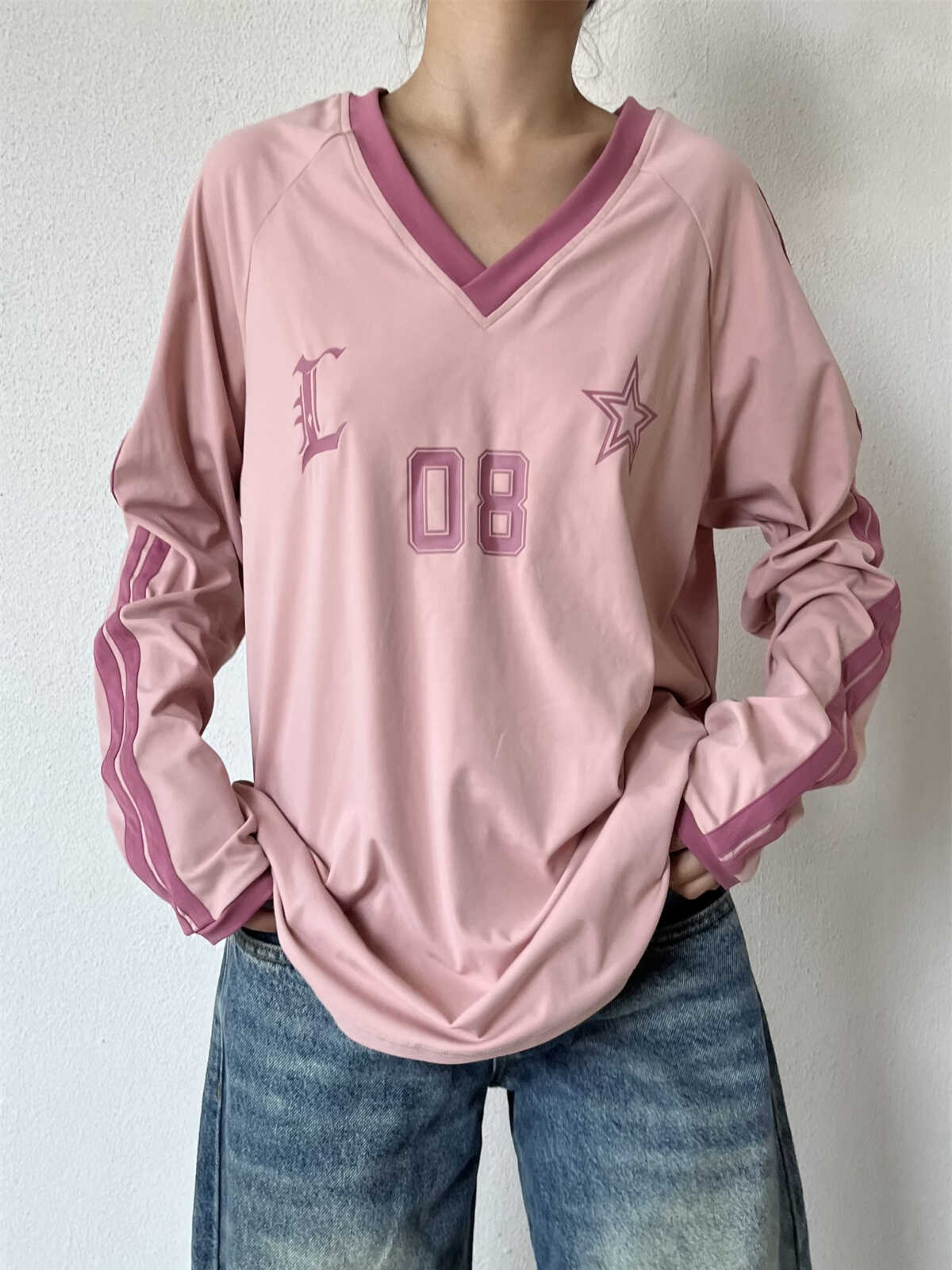 Retro American Oversized Jersey T-Shirt with Color Block Letters | Versatile Raglan Top for Casual Y2K Style