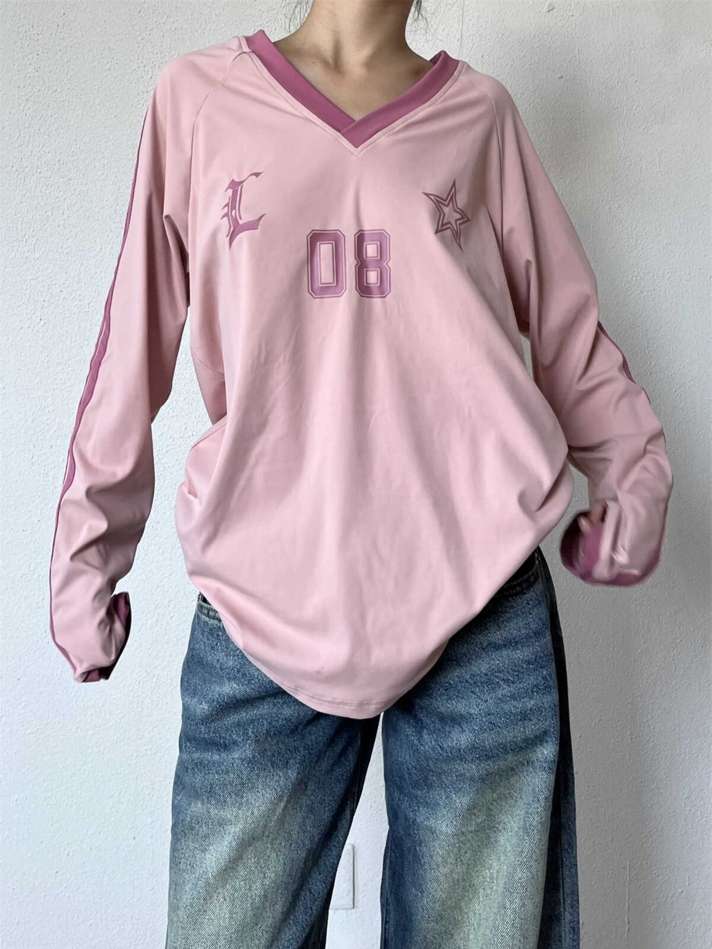 Retro American Oversized Jersey T-Shirt with Color Block Letters | Versatile Raglan Top for Casual Y2K Style
