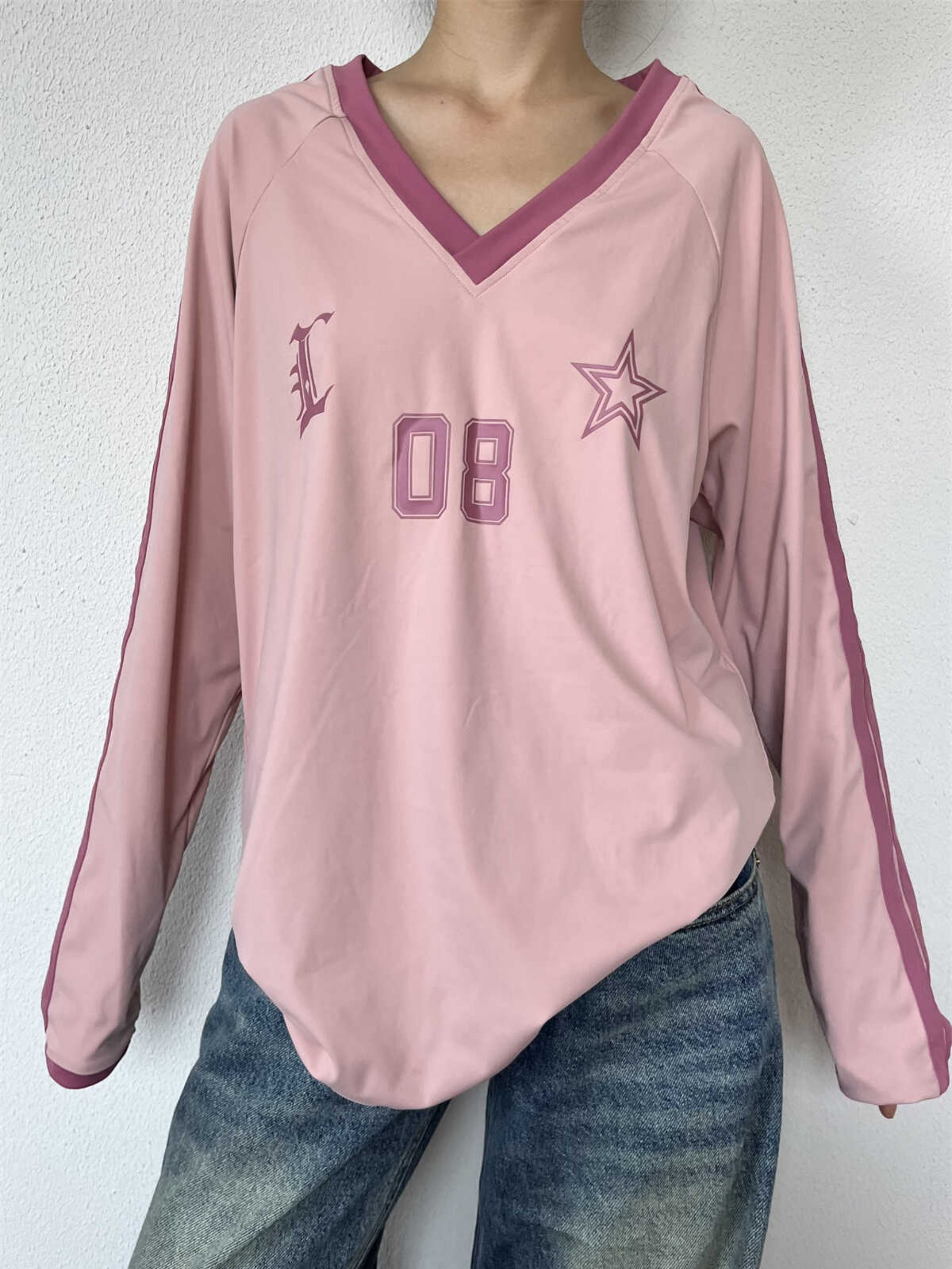 Retro American Oversized Jersey T-Shirt with Color Block Letters | Versatile Raglan Top for Casual Y2K Style