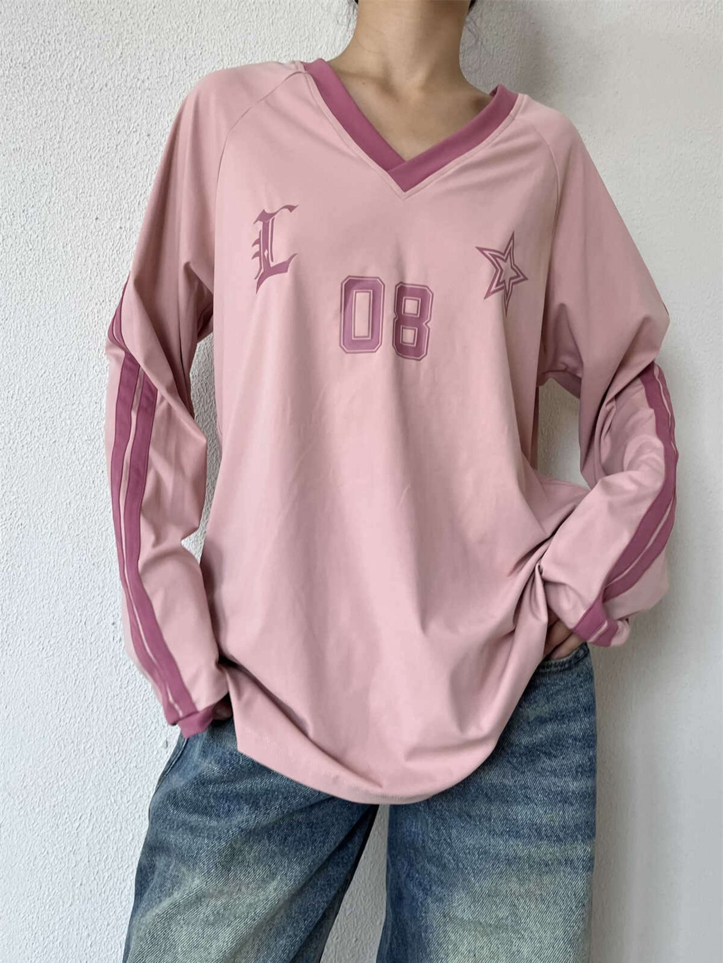 Retro American Oversized Jersey T-Shirt with Color Block Letters | Versatile Raglan Top for Casual Y2K Style
