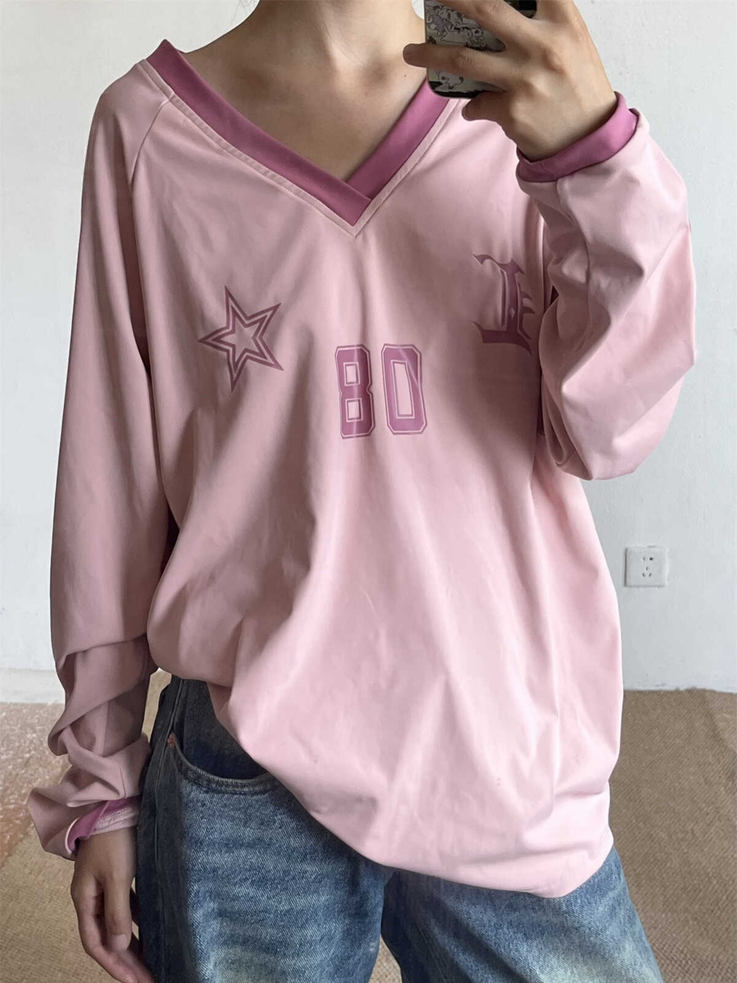 Retro American Oversized Jersey T-Shirt with Color Block Letters | Versatile Raglan Top for Casual Y2K Style