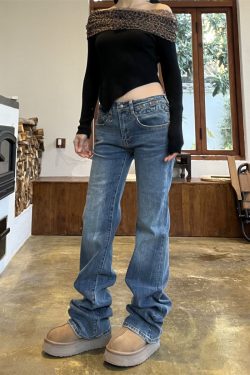 Retro Blue Low-Waist Slim Fit Jeans for Women - Vintage Embroidered American Style, Spring 2025 Fashion