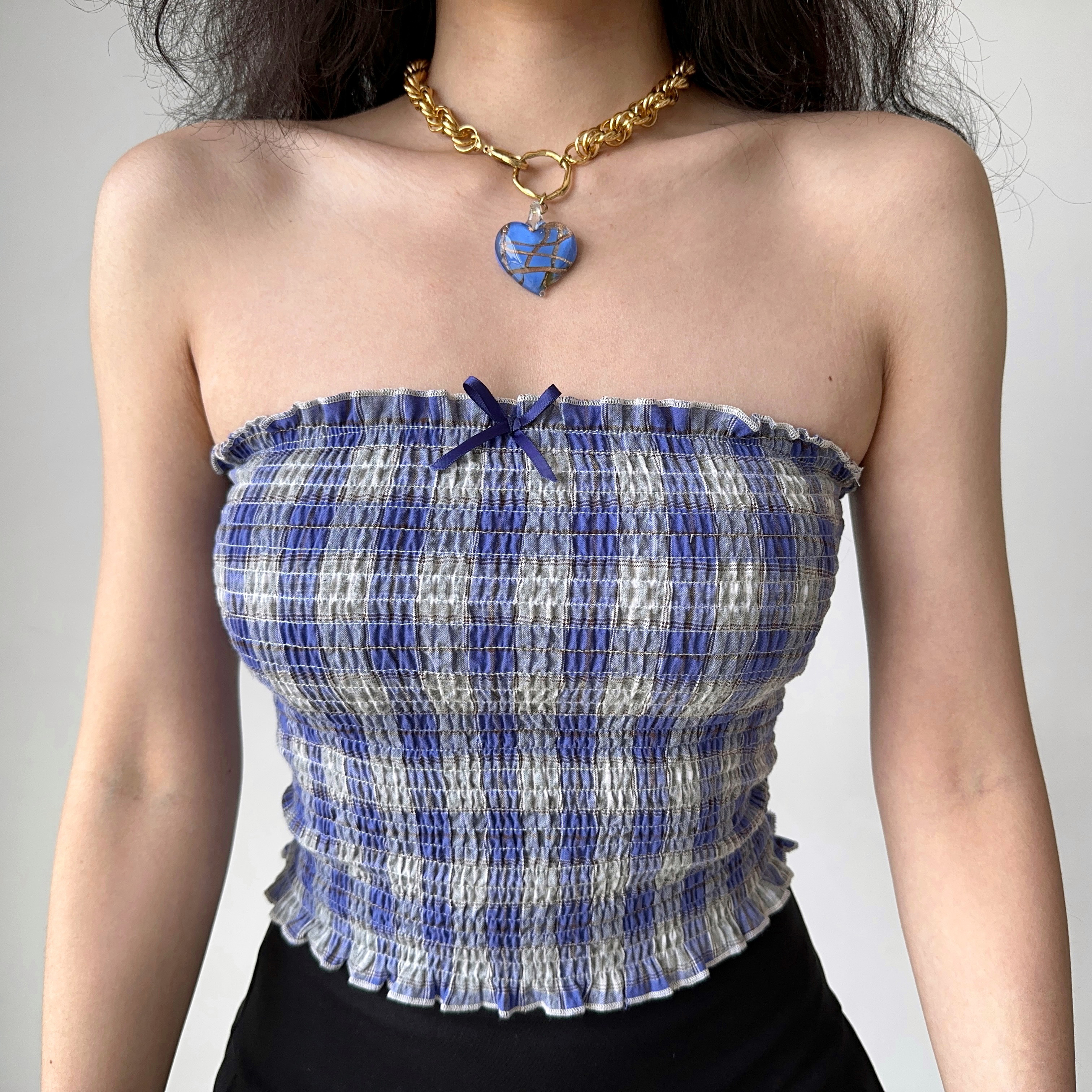 Retro Blue Plaid Strapless Summer Top for Women - Sleeveless 90s Style Outfit for Hot Girls