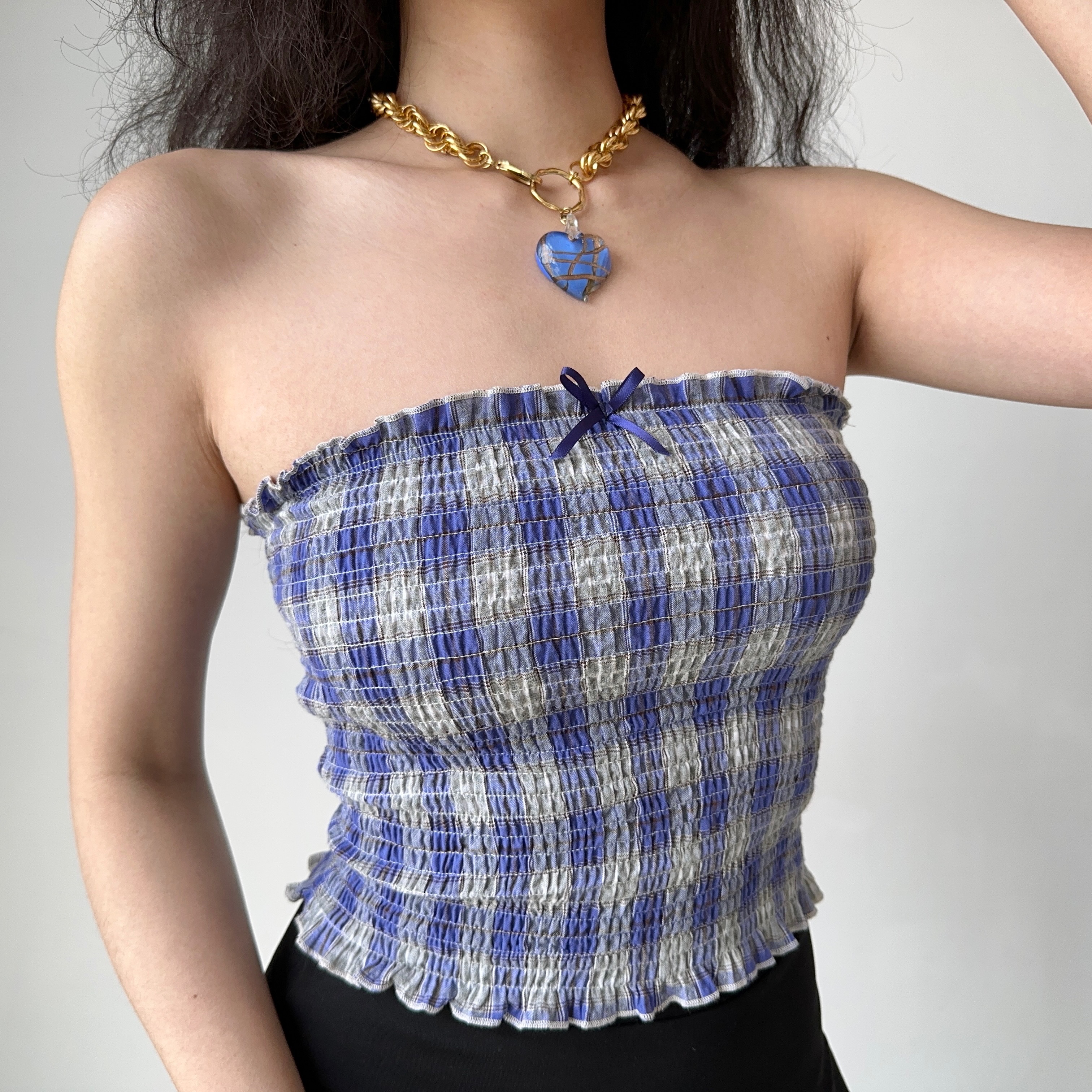 Retro Blue Plaid Strapless Summer Top for Women - Sleeveless 90s Style Outfit for Hot Girls