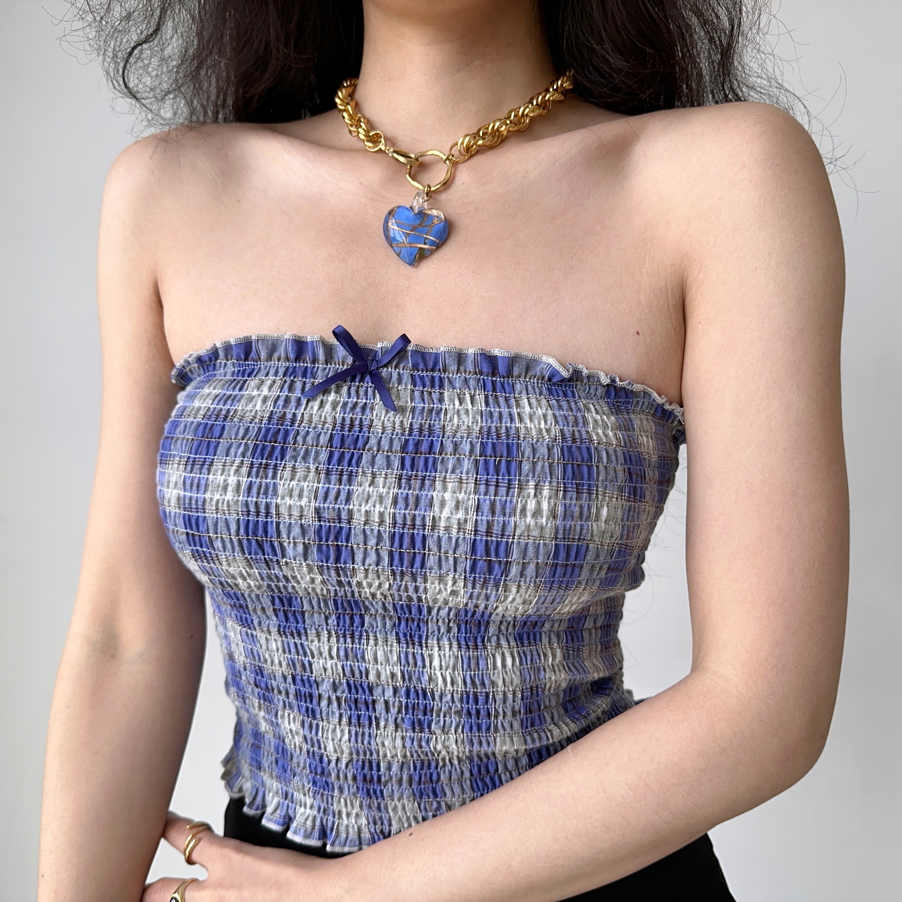 Retro Blue Plaid Strapless Summer Top for Women - Sleeveless 90s Style Outfit for Hot Girls