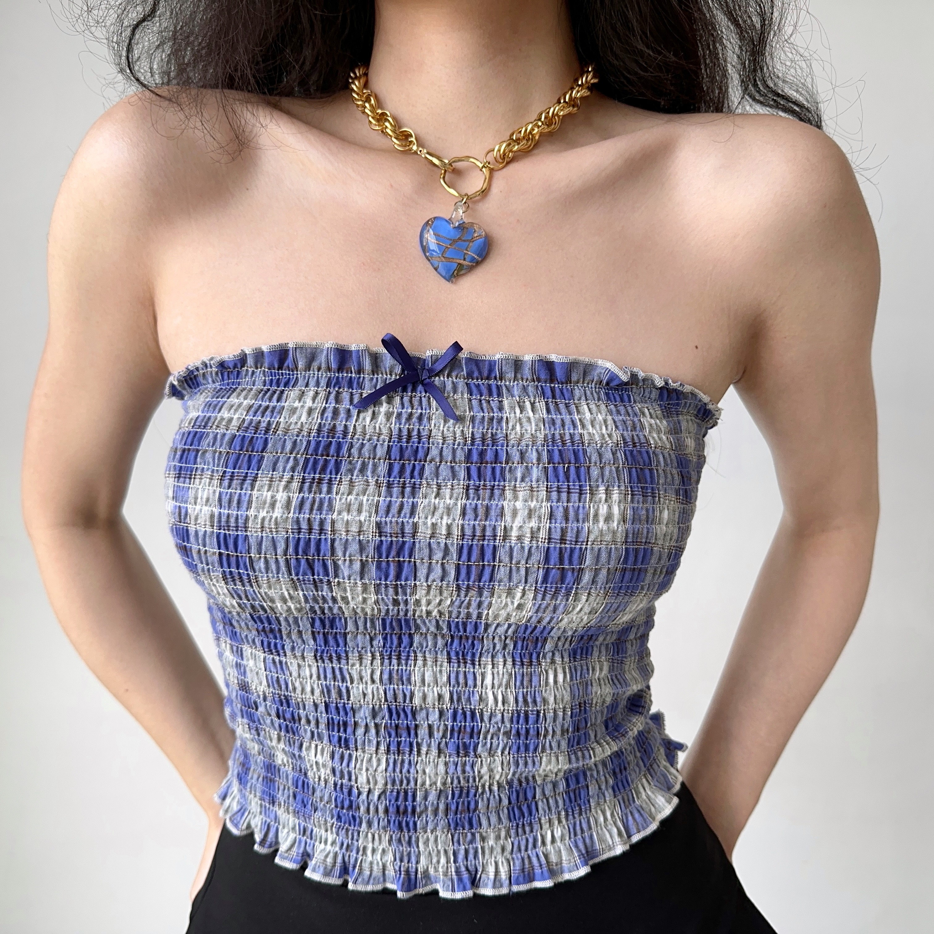 Retro Blue Plaid Strapless Summer Top for Women - Sleeveless 90s Style Outfit for Hot Girls