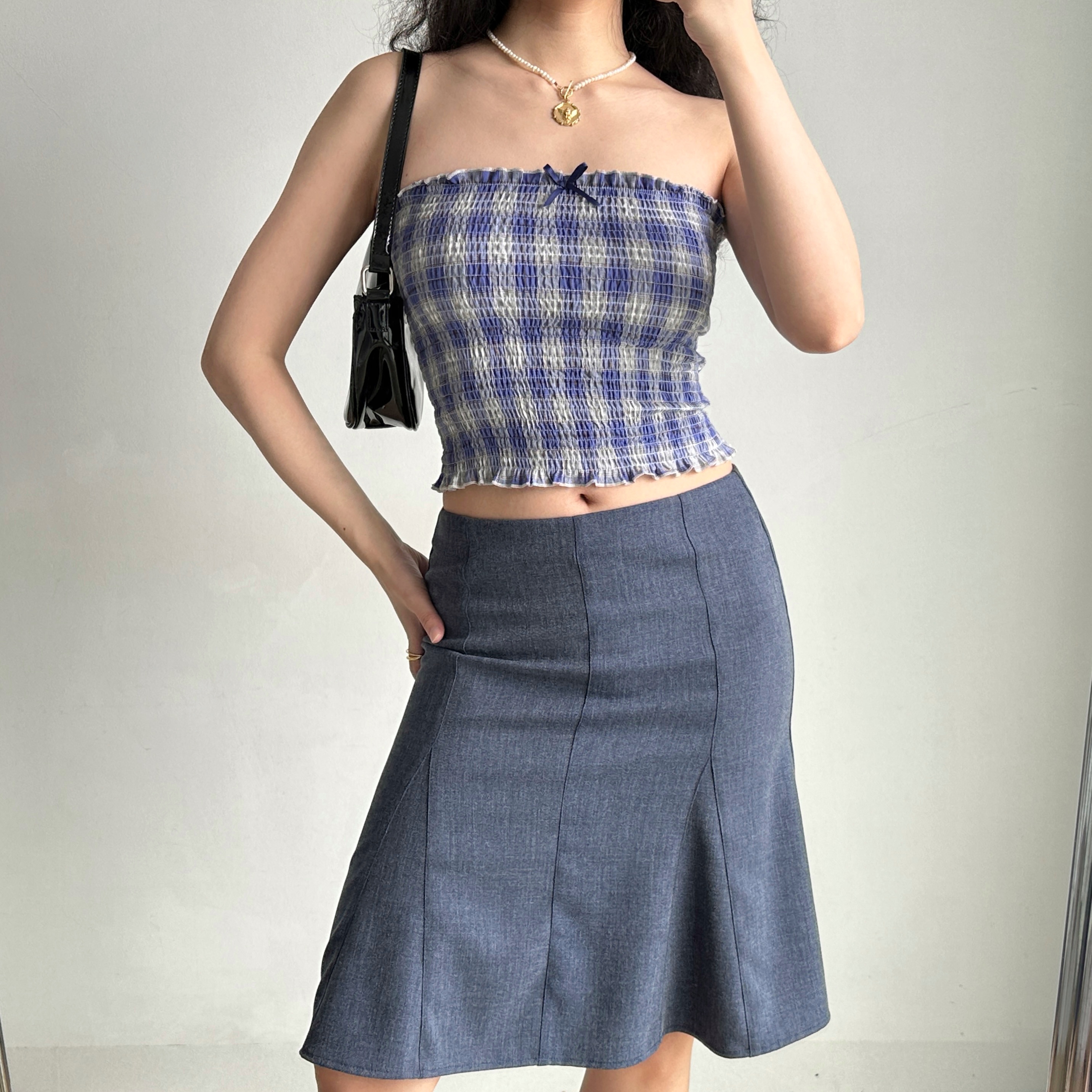 Retro Blue Plaid Strapless Summer Top for Women - Sleeveless 90s Style Outfit for Hot Girls