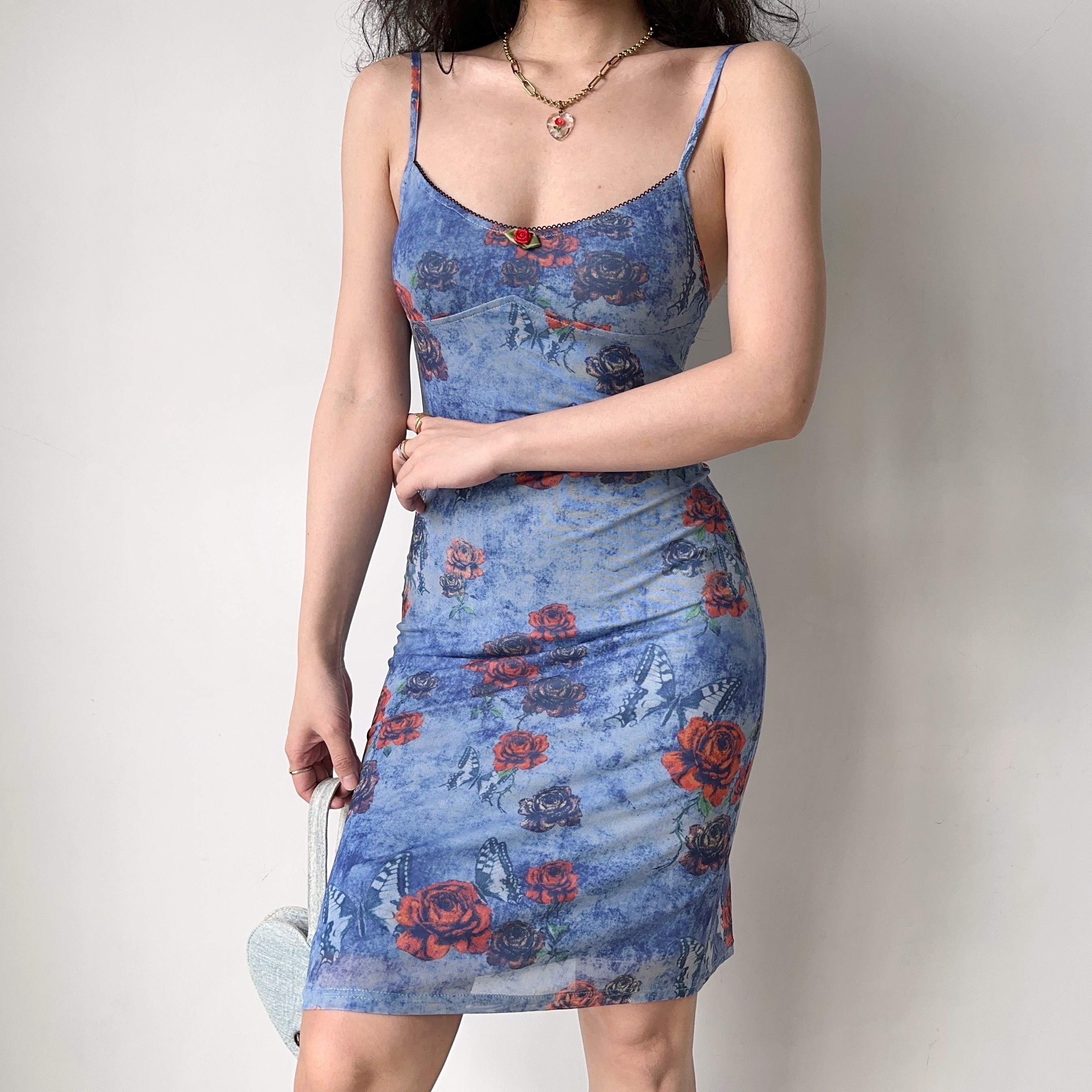 Retro Butterfly Flower Print Camisole Dress for Women - Fitted Waist, Hip-Hugging Short Skirt, European American Style, Y2K Fashion