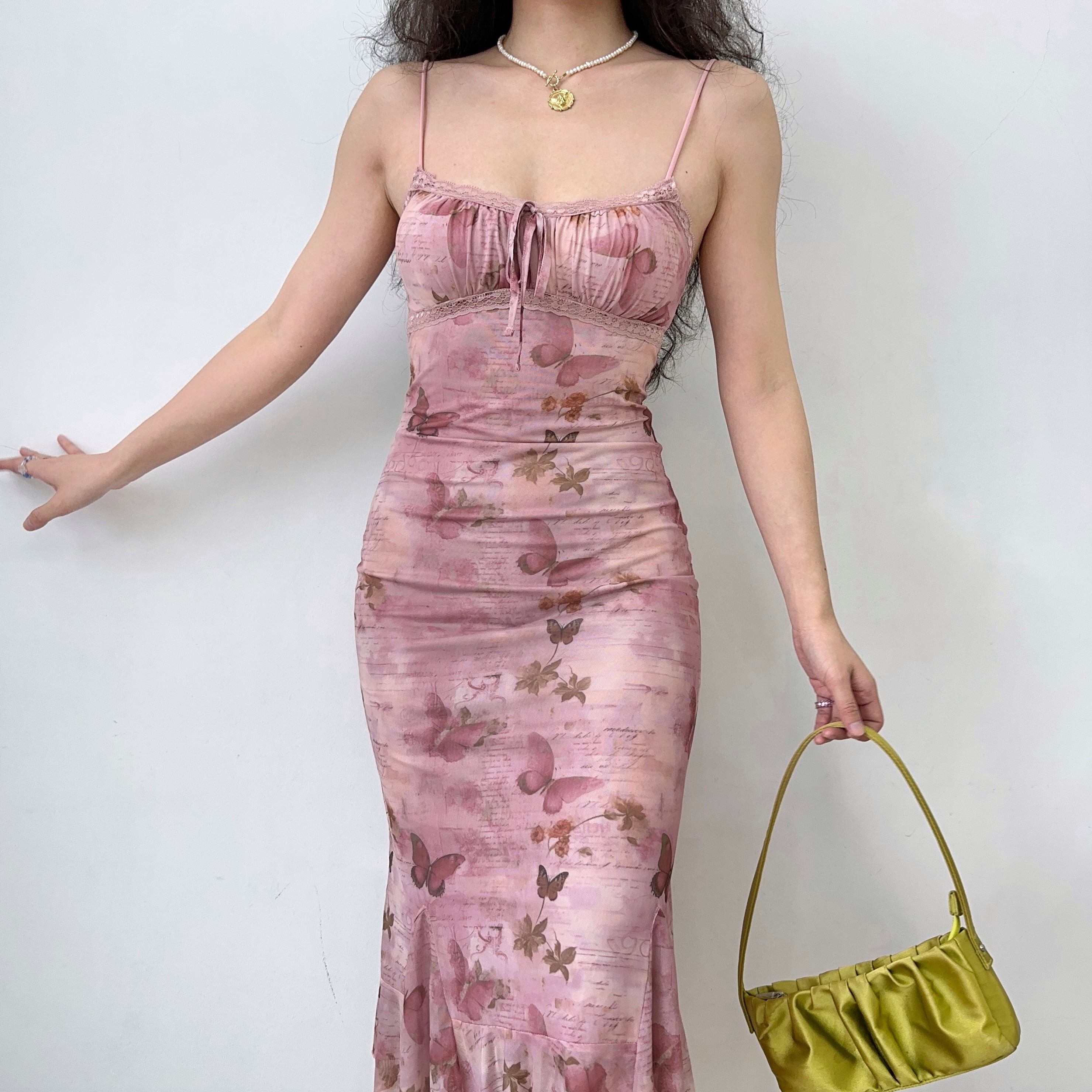 Retro Butterfly Print Camisole Dress with Irregular Lace Waist - Self-Made European American Style, Y2K Aesthetic, Short Skirt