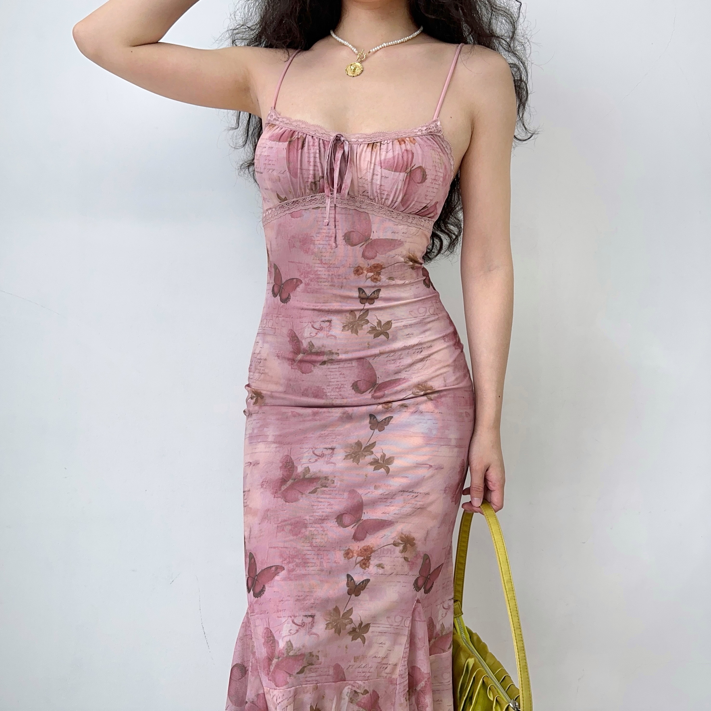 Retro Butterfly Print Camisole Dress with Irregular Lace Waist - Self-Made European American Style, Y2K Aesthetic, Short Skirt