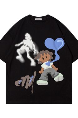 Retro Cartoon Pattern Casual Couple Short Sleeve T-Shirt - American Style Versatile Y2K Fashion