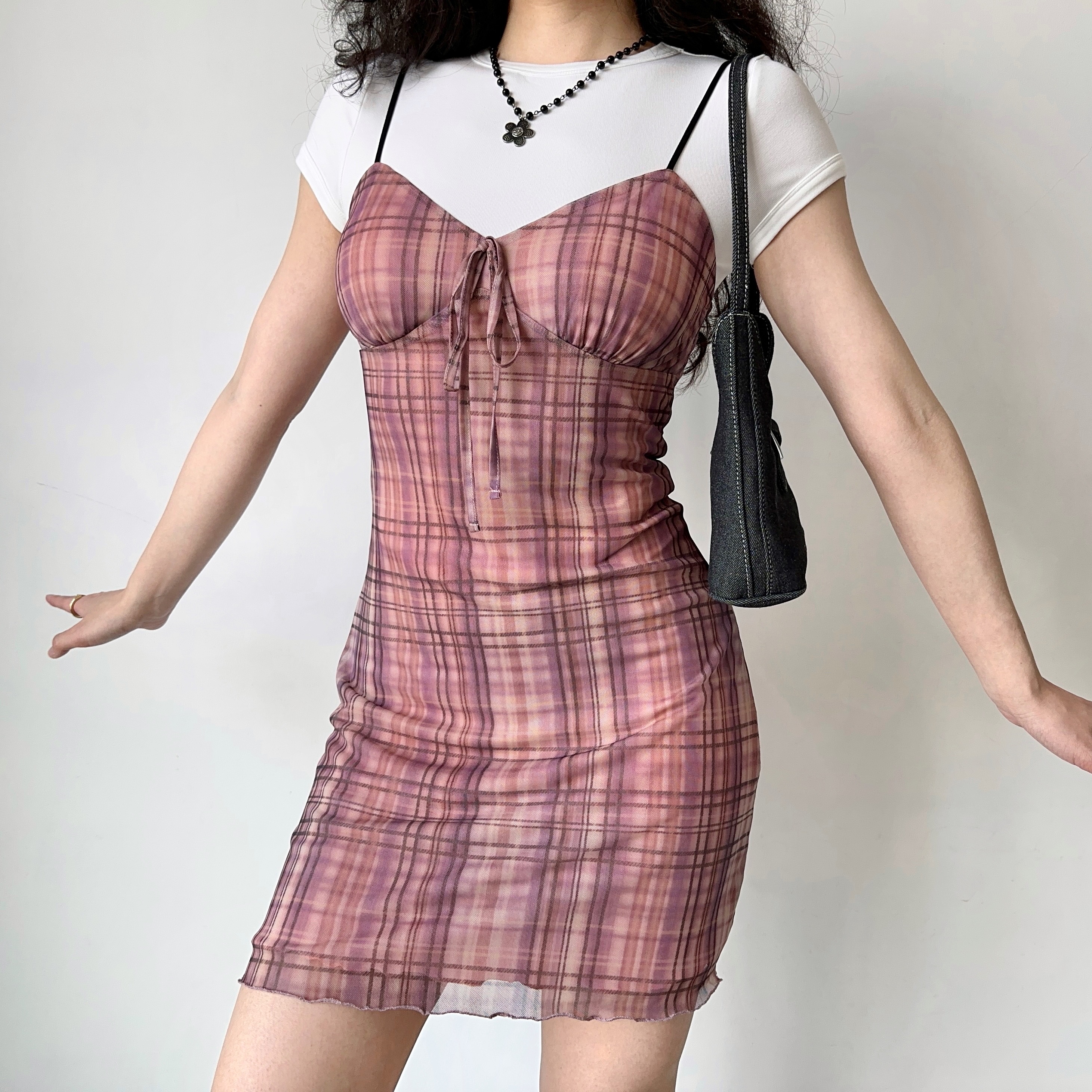 Retro Checkered Strap Dress for Women - Self-Made European American Style, Bow Detail, Slim Fit, Sleeveless Summer Fashion
