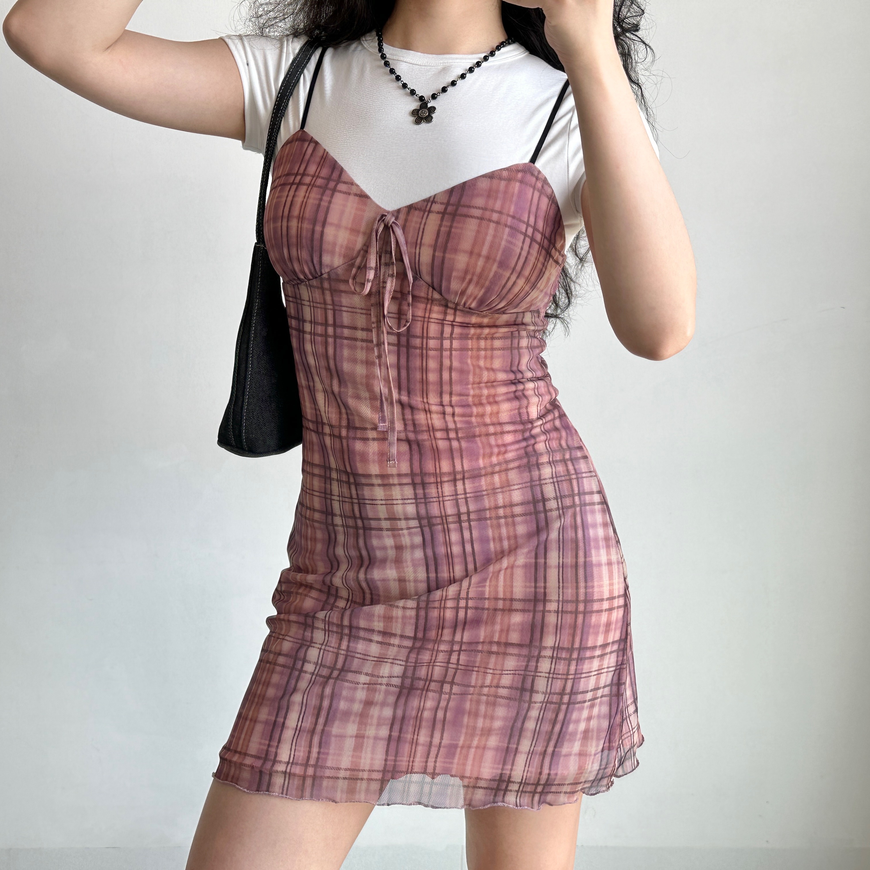 Retro Checkered Strap Dress for Women - Self-Made European American Style, Bow Detail, Slim Fit, Sleeveless Summer Fashion