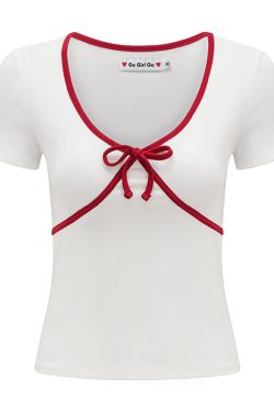 Retro Color-Blocking Bow Detail White T-Shirt for Women - Slim Fit Short Sleeve Top - European American Style Summer Fashion